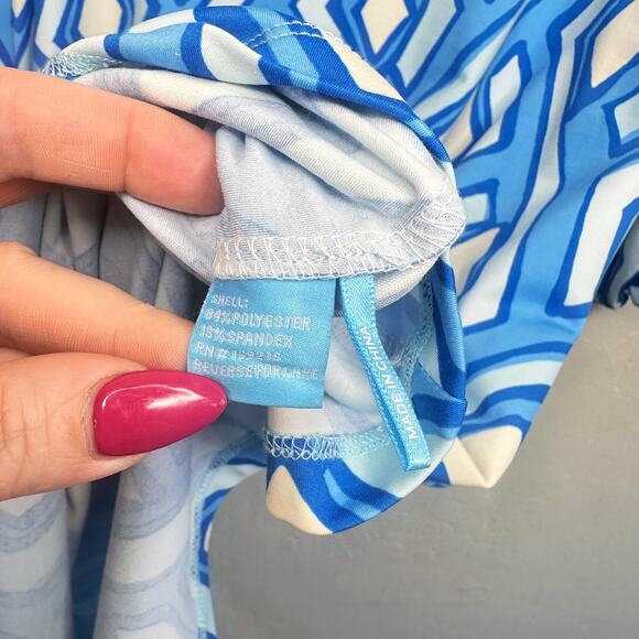 J McLaughlin Emer Long Sleeve Blue White Vilhada Souk Geometric Print Mini Dress - Picture 13 of 16